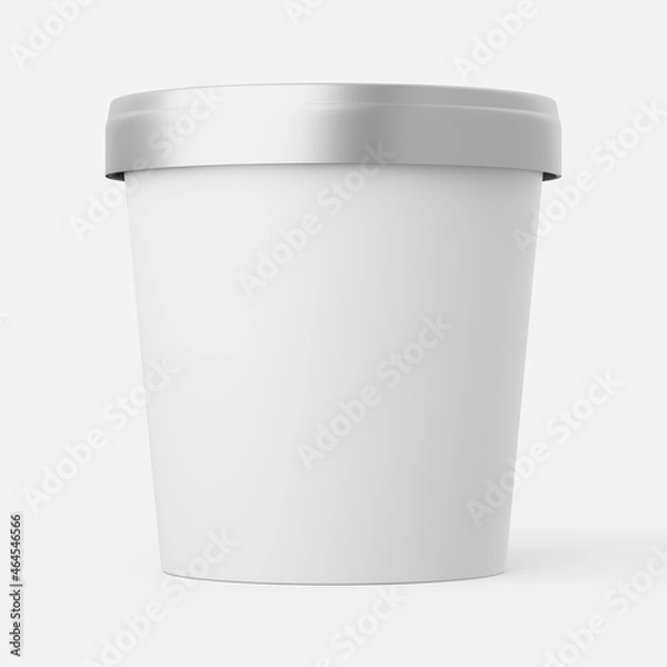 Fototapeta Ice cream tub in white with silver lid on a plain background. 3d render.