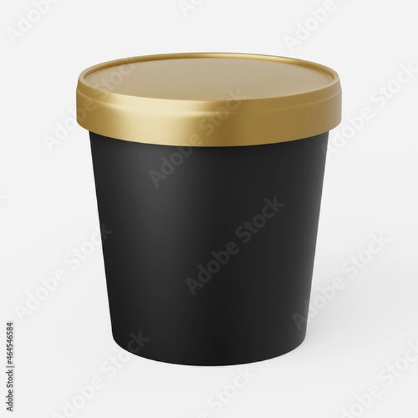 Fototapeta Ice cream tub in black with gold lid on a plain background. 3d render.