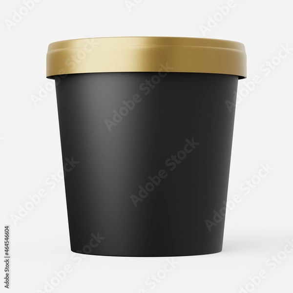 Fototapeta Ice cream tub in black with gold lid on a plain background. 3d render.