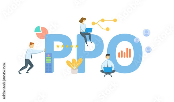 Fototapeta PPO, Preferred Provider Organization. Concept with keyword, people and icons. Flat vector illustration. Isolated on white.
