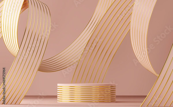 Fototapeta Pink podium on abstract soft background, pink ribbon and gold line texture bending around podium. minimal background for product presentation. 3d rendering