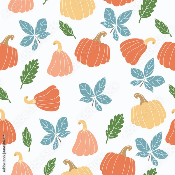Fototapeta Seamless pattern with pumpkin leaves, autumn pattern. Pattern of fabric, wrapping paper, wallpaper. Vector illustration