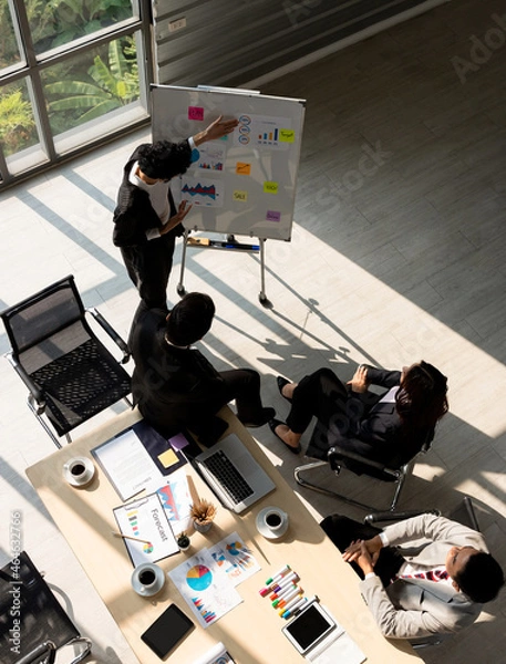 Fototapeta Young business people meeting work in office. Talk about business planning. Covid 19 epidemic stop the business. Planning meeting to find solutions to problems and prevent epidemics. 