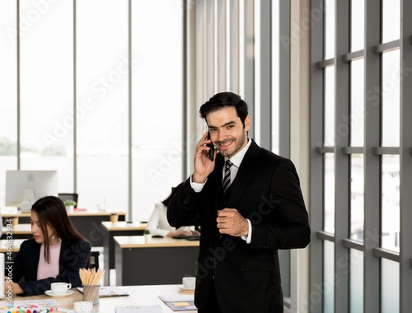 Fototapeta Handsome business man, CEO, business executive standing in the office, communicating and working through the phone.