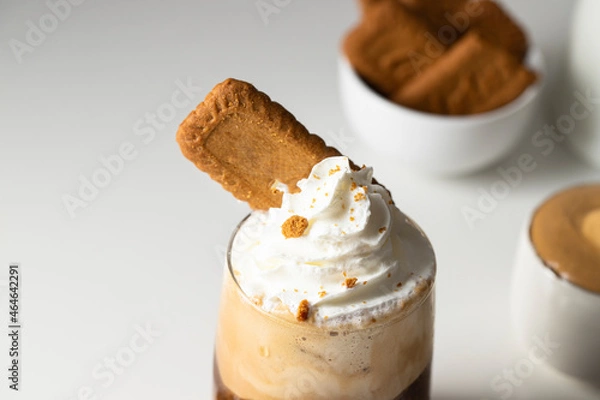 Fototapeta Close up of coffee with whipped cream and cookies .New dalgona coffee
