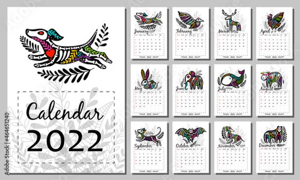 Fototapeta Vector vertical calendar 2022 with different skeleton animals (dog, cat, cow, bat, bear). Week starts from Sunday. Dia de los muertos concept. Set of 12 isolated months and cover. A4 format for print