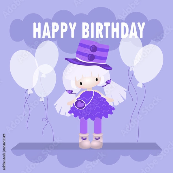 Obraz happy birthday card. A doll with balloons. Flat style. vector illustration.
