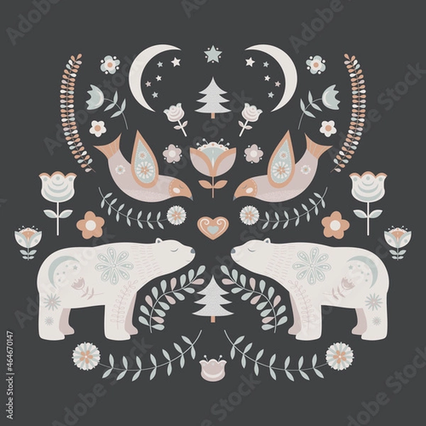 Obraz Scandinavian Christmas folk illustration with floral motifs and cute animals, bird and bear.