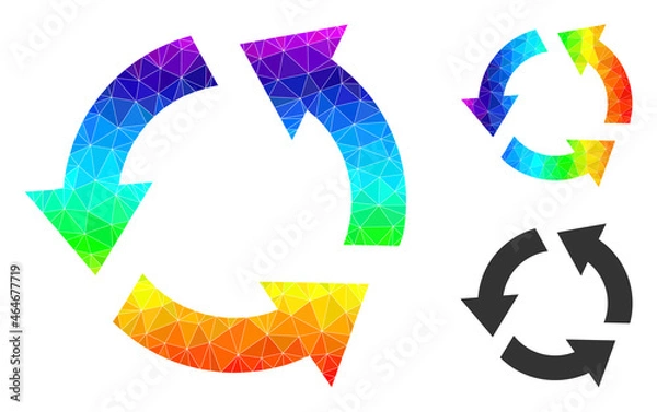 Fototapeta lowpoly recycle icon with spectrum colored. Spectrum colored polygonal recycle vector is filled from chaotic colored triangles. Flat geometric mesh symbol is designed by recycle pictogram.