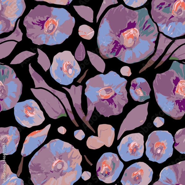 Fototapeta Colorful pink, purple seamless vector pattern with abstract flowers and plants. Colored hand drawn decorative poppies on black background. Floral vector texture, print.