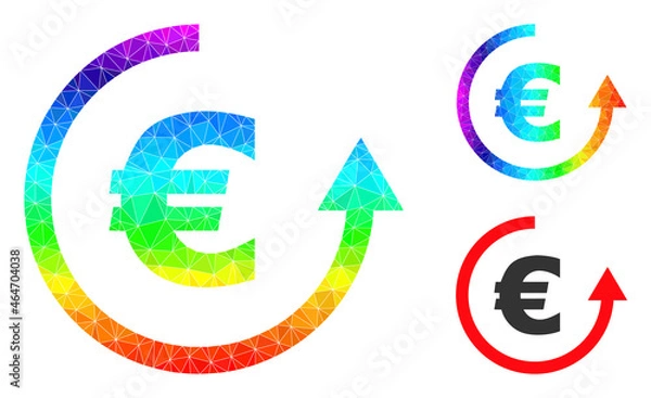 Obraz lowpoly euro refund icon with spectral colorful. Rainbow colorful polygonal euro refund vector is constructed with randomized colorful triangles.