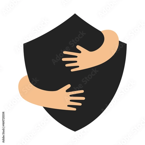 Obraz Human hands embracing or holding shield sign vector flat illustration isolated on white background. Creative emblem with black big security symbol and hugging arms. Logo with a hug.