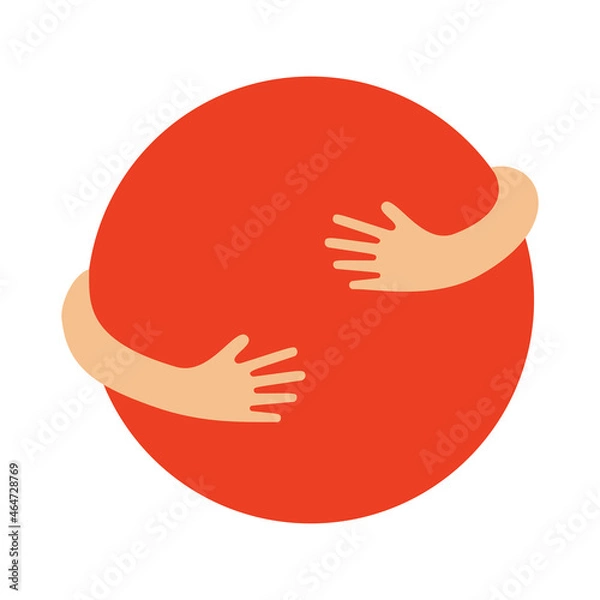Obraz Human hands embracing or holding circle vector flat illustration isolated on white background. Creative emblem with a red big round figure and hugging arms. Logo with a hug.