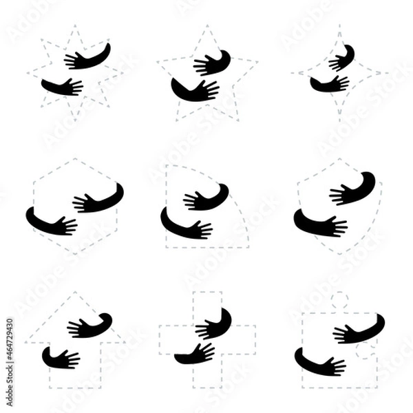 Fototapeta Human hands holding or embracing different geometric figures vector flat illustration. Creative emblem with arms in black color. logo design template. Dotted stars, puzzles, arrows, shield signs.
