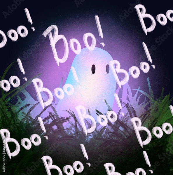 Obraz a cute ghost at night among the grass in the light of the moon the inscription boo!