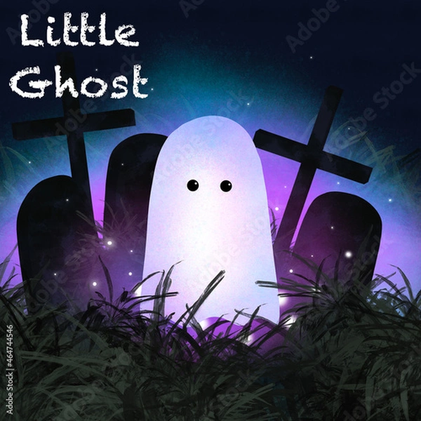 Obraz cute little ghost in the cemetery against the background of graves