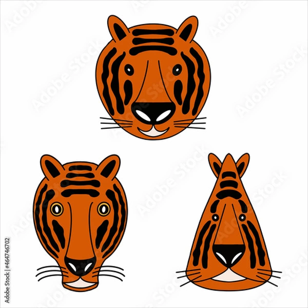 Obraz Set of tiger head in graphics style on white background. Vector illustration for print, poster, clothes.