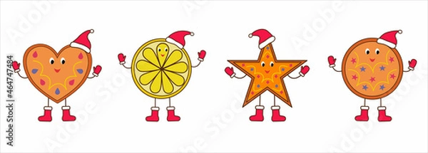 Fototapeta Set of decorated cookies with Christmas mittens, boots and hat in doodle style. Vector illustration for decorating cards, posters, banners, printing on fabric, paper.