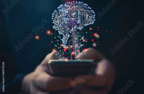 Obraz Hand use mobile phone and human head with line brain network technology for global.Data in the global computer social.Digital data,ai,science.Vector Technology background and Artificial intelligence.
