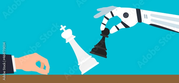 Fototapeta man and robot playing chess robotic hand with pawn figure knocking king  checkmate vector illustration