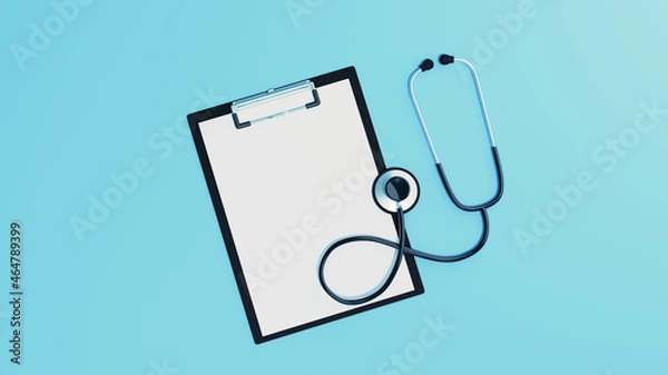 Fototapeta 聴診器とクリップボードバインダー　青背景　医療　3DCG