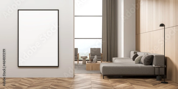 Fototapeta Empty canvas on beige wall with living room on background