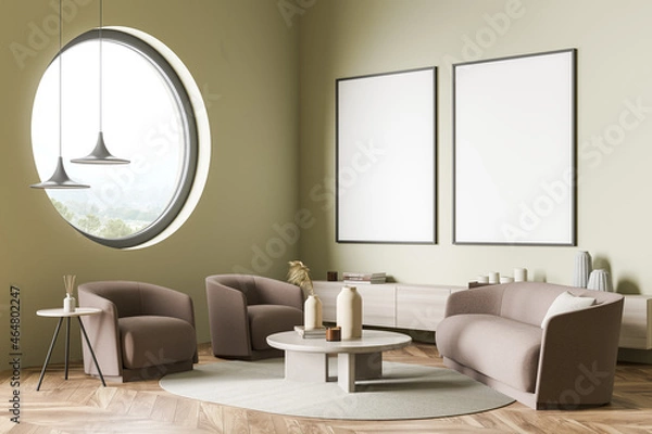 Obraz Light relaxing room interior with armchairs and sofa, mockup posters