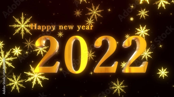Fototapeta ハッピーニュイヤー。2022年。ゴージャスな金色の文字と幻想的な雪の結晶のの背景