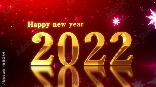 Fototapeta ハッピーニュイヤー。2022年。ゴージャスな金色の文字と幻想的な雪の結晶のの背景