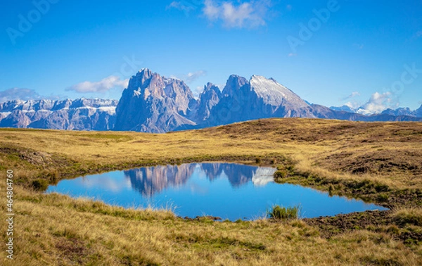 Fototapeta Dolomites reflection, view from Seiser Alm to Sella moutain range with Plattkofel and Langkofel
