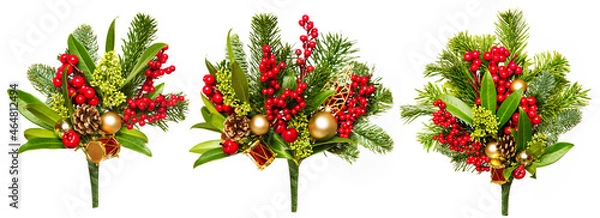 Obraz Christmas Green Floral Decorations. Pine Tree Branches Bouquet with Red Berries and Golden Balls over White. Set of Xmas Handmade Design Elements isolated