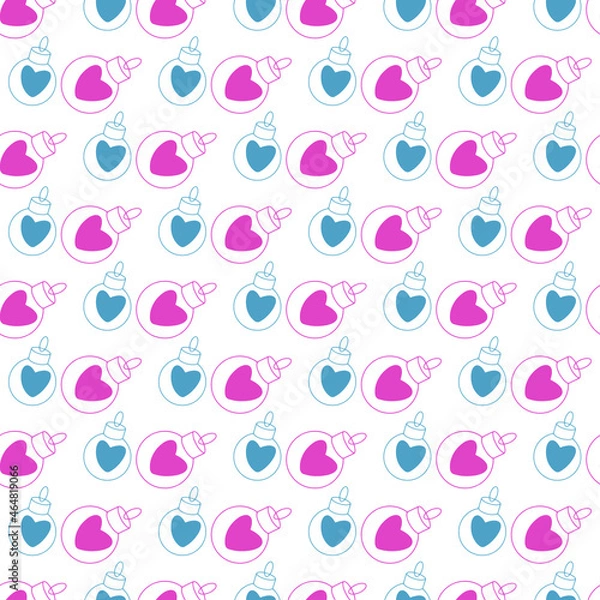 Fototapeta Colorful pattern with New Years balls and hearts on white background for textile print, design paper. Vector illustration.
