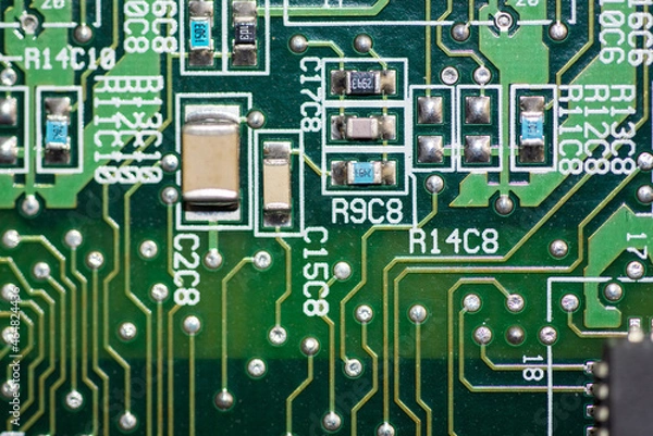 Fototapeta oktober 2021. Close up of the different circuits on a computer mother board.