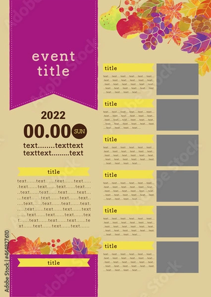 Fototapeta 秋のイベント　水彩　収穫祭　演奏会　音楽会　テンプレート　ベクター　落ち葉　果物　林檎　葡萄　梨