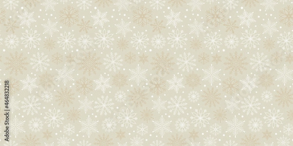 Fototapeta Winter seamless background with snowflakes pattern. Silver gold boho nautral baige Christmas motif.