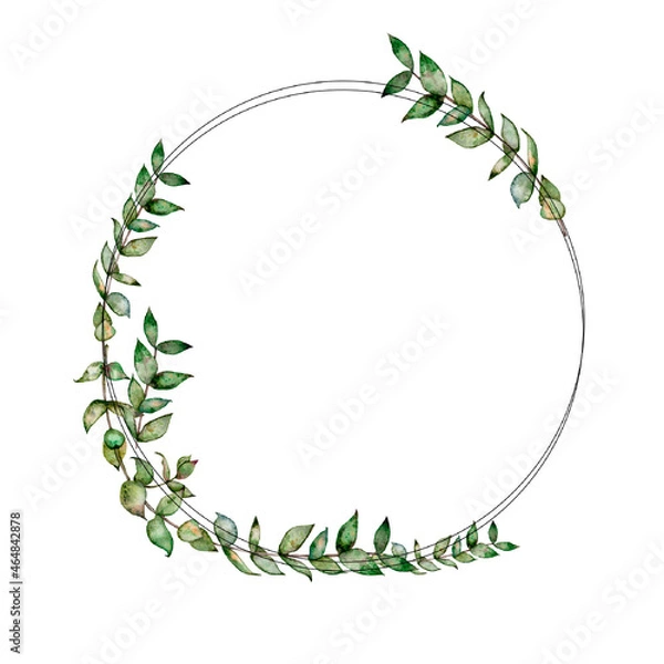 Obraz Watercolor eucalyptus wreath, garland. Wedding eucalyptus design frame, circle logo. Rustic greenery. Mint, blue tones. Hand painted branch,  leaves isolated on white background, trendy branding
