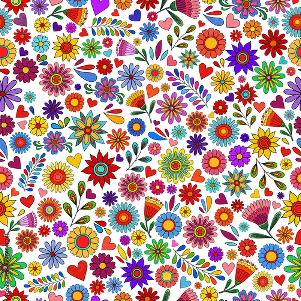 Fototapeta Flower pattern. Doodle flowers on dark backdrop. Colorful flower Day of the dead background. Floral ornament. Dia de los muertos print. Color botanical elements on black.