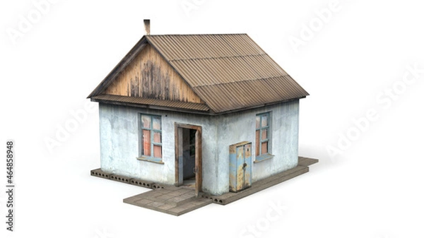Fototapeta 3D rendering of an old wooden building on a white background