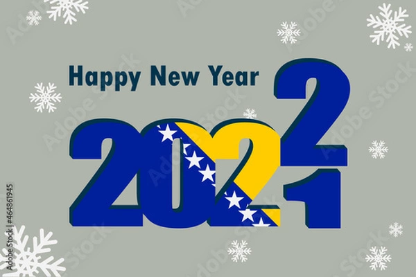 Obraz New year's card 2022. An element of the flag of Bosnia and Herzegovina, a festive inscription and snowflakes are depicted. It can be used as a promotional poster, postcard, website.