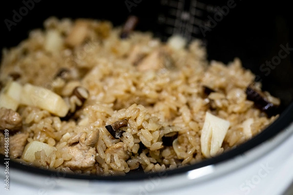 Obraz Rice cooked with chicken, bamboo shoots, mushrooms.Gohan.