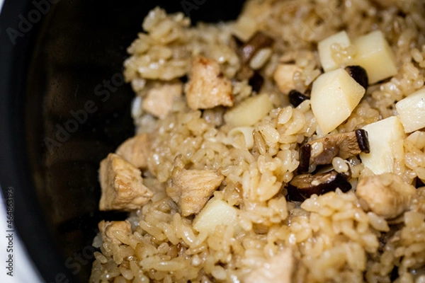 Obraz Rice cooked with chicken, bamboo shoots, mushrooms.Gohan.