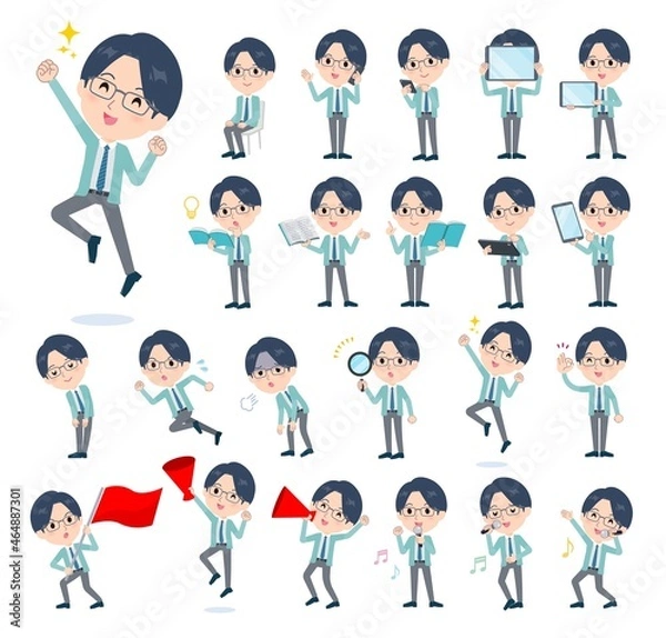 Fototapeta スマートフォンなどのデジタル機器を持つ事務員男性のセット