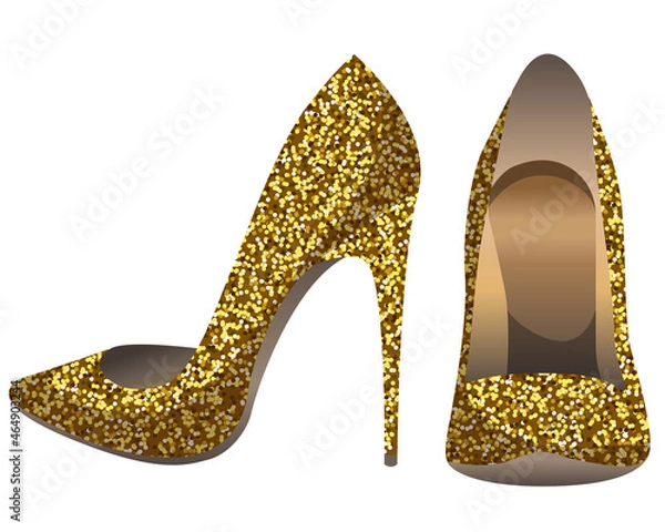 Fototapeta Vector women's gold pumps with sparkles isolated on white background. Shiny high heel shoes.
