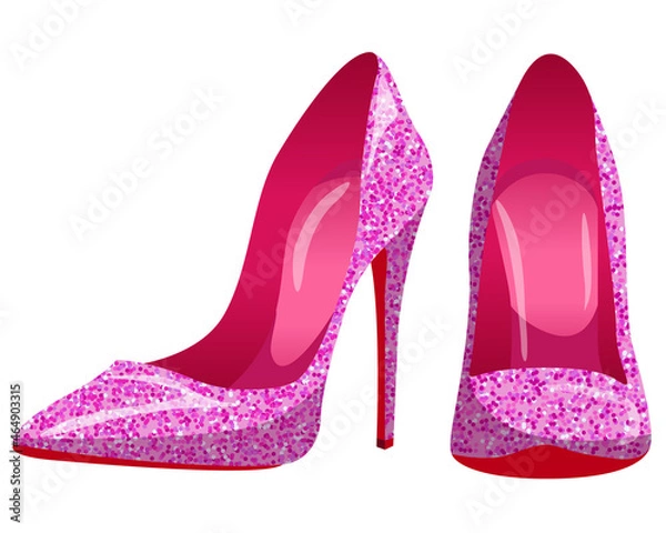 Fototapeta Vector women's pink pumps with sparkles isolated on white background. Shiny high heel shoes.