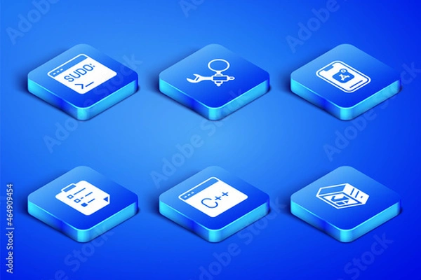 Obraz Set Computer, Code terminal, Software, Clipboard with checklist, Debugging and Mobile Apps icon. Vector