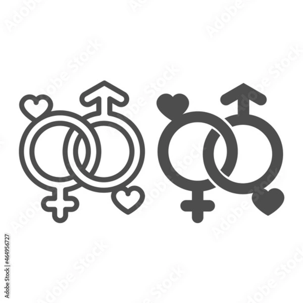 Fototapeta Two gender signs with hearts, unity line and solid icon, dating concept, male and female symbol vector sign on white background, outline style icon for mobile concept and web design. Vector graphics.