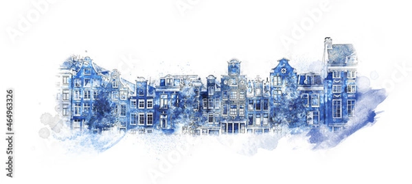 Fototapeta Old houses in the center of Amsterdam - watercolor style background isolated on white. Delft blue painting design.