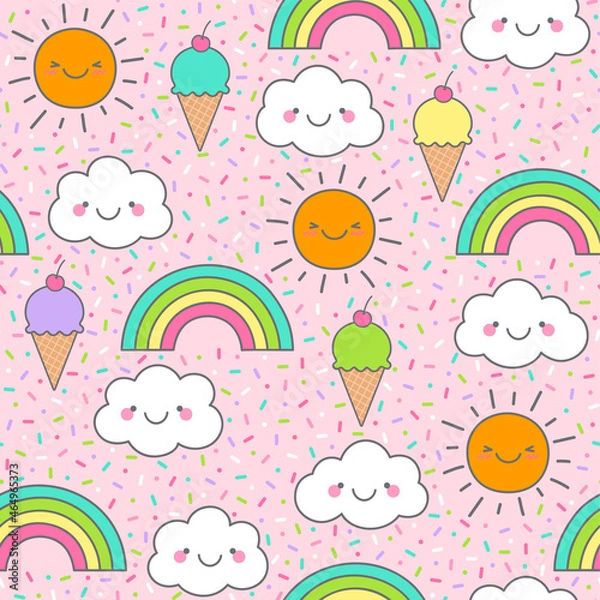 Fototapeta Cute cloud, sun, rainbow and ice cream seamless pattern with colorful sprinkles background.