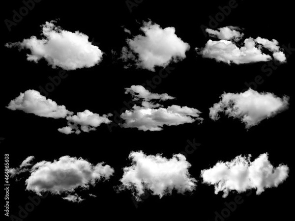 Fototapeta White clouds elements set, isolated on black background.