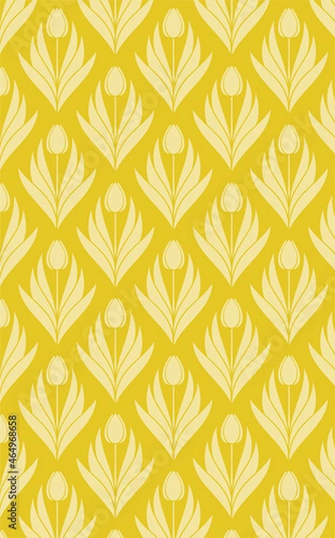 Fototapeta Poster, background with flowers and foliage of tulips. Ornament from silhouettes of spring flowers. Place for your text. Yellow color template for invitations and cards. Vector illustration